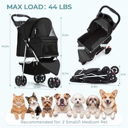 Pet Stroller for Small Medium Cats Dogs, 3-Wheel, One-Click Foldable