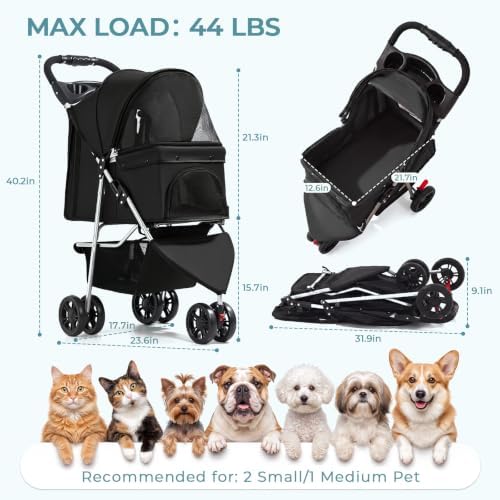 Pet Stroller for Small Medium Cats Dogs, 3-Wheel, One-Click Foldable