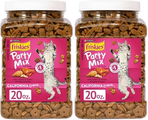 Friskies Purina Party Mix California Crunch with Chicken and Flavors of Turkey and Bacon Cat Treats - 20 oz Canister (Pack of 2)
