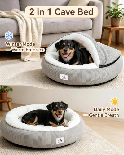 Calming Cozy Dog Cave Cover Bed, Burrow Small Doggy Anti Anxiety