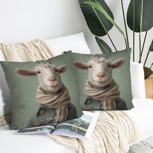 InkRain Winter Animal Cute Goat Pillow Cover 22x22 Inch Set of 2 Home Decor Decorative Cotton Linen Illustration Pillowcases for Living Room House Sofa