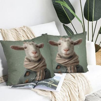 InkRain Winter Animal Cute Goat Pillow Cover 22x22 Inch Set of 2 Home Decor Decorative Cotton Linen Illustration Pillowcases for Living Room House Sofa