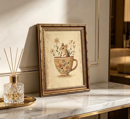 Vintage Gold Framed Mouse Wall Art, Rat in Floral Teacup Canvas Print, Cottagecore Whimsical Animal Picture Wall Decor, Antique Rustic Farmhouse Poster Artwork for Nursery Bedroom Living Room