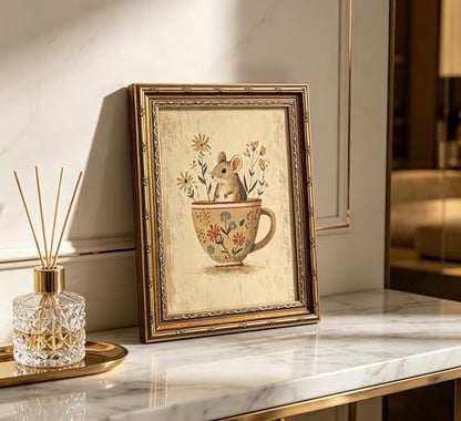 Vintage Gold Framed Mouse Wall Art, Rat in Floral Teacup Canvas Print, Cottagecore Whimsical Animal Picture Wall Decor, Antique Rustic Farmhouse Poster Artwork for Nursery Bedroom Living Room