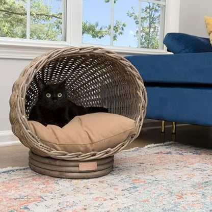 CBD1001A Socket Dome 19.5" x 17" Bohemian Handwoven Rattan Cat Bed with Machine-Washable Cushion, Kubu Gray