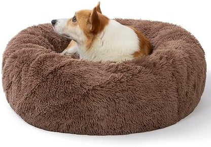 SAVFOX 30 inches Calming Donut Dog Bed - 3X Durable Plush Faux Fur, Machine Washable & Non-Slip, Fits up to 45 lbs, Brown