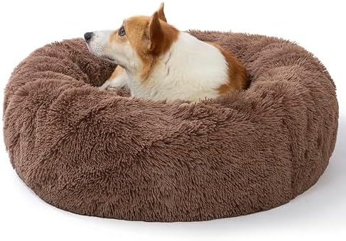 SAVFOX 30 inches Calming Donut Dog Bed - 3X Durable Plush Faux Fur, Machine Washable & Non-Slip, Fits up to 45 lbs, Brown