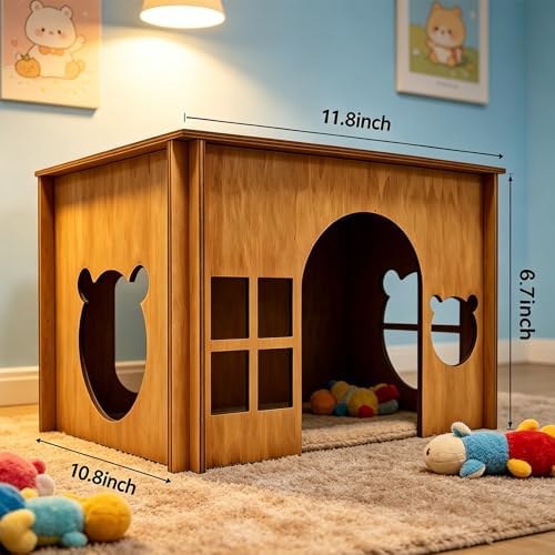 Large Sturdy Wooden Rabbit Castle Hideout with Spacious Balcony, Detachable Bunny Playhouse Hideaway Cage Accessories, Indoor Habitat Toys for Guinea Pig Chinchilla Hamster Gerbil Small Animals