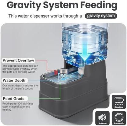 Automatic Dog Water Dispenser Gravity Stainless Steel Water Feeder Cat Waterer Feeder with Wide Mouth Bowl for Small Medium Dog Puppy Kitten (Filter &Ice Pack Included) 2.2Gallon Gray
