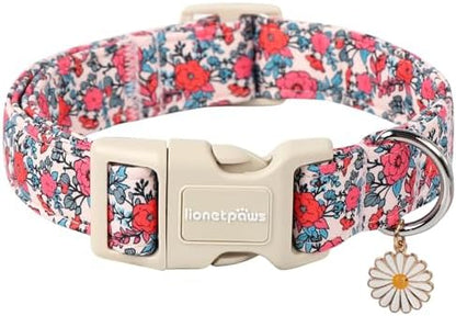 Lionet Paws Floral Dog Collar- Cute Red Pink Flower Dog Collars with Plastic Buckle,Light Adjustable Dog Collars for Medium Large Dogs
