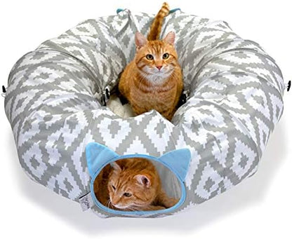Kitty City Large Cat Tunnel Bed, 2-in-1 Zip-Together Cat Play Tunnel & Plush Nap Bed, Pop-Up Indoor Cat Toy with Hanging Toys, Collapsible Design - White