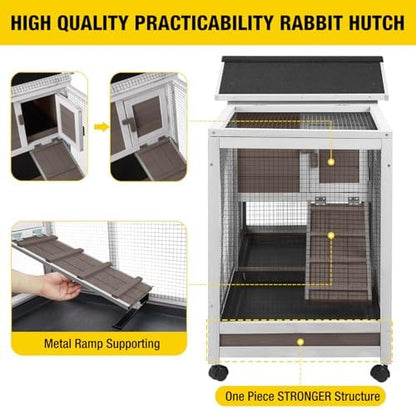 Aivituvin Rabbit Hutch 62" Rabbit Cage Indoor Outdoor Chicken Coop Guinea Pig Cage on Wheels Bunny Cage with 3 Deep No Leakage Pull Out Tray,Waterproof Roof (Brown)