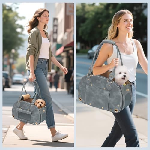 Dog Carrier Purse, Pet Bag Bling Waterproof Premium Leather Pet Travel Portable Bag for Cat and Small Dog Home & Outdoor Small Grey