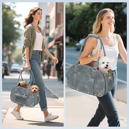 Dog Carrier Purse, Pet Bag Bling Waterproof Premium Leather Pet Travel Portable Bag for Cat and Small Dog Home & Outdoor Small Grey