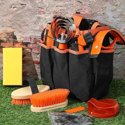 Abbylike 12 Piece Horse Grooming Kit with Organizer Tote Bag Brush Sets for Derby Day Show Horses Professional Tools for Care & Massage(Orange)