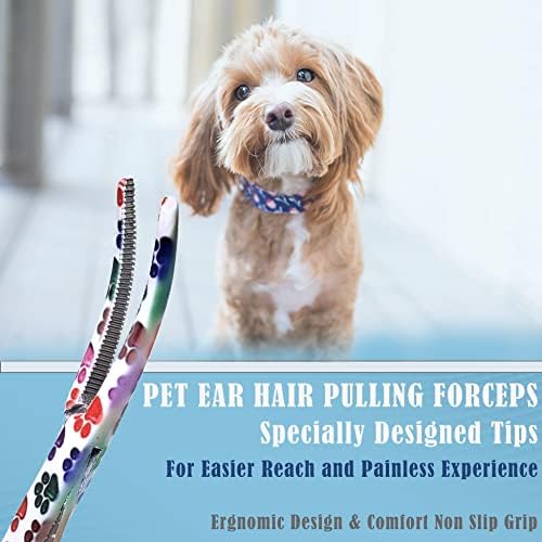 Dog Pet Ear/Nose Hair Puller Grooming Hemostat Locking Forceps Curved Pliers, 5.5" (14cm) Full Serrated Clamps Stainless Steel (White Multi Paws)
