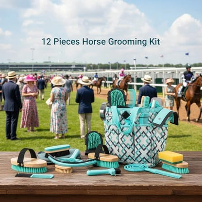 Abbylike 12 Piece Horse Grooming Kit with Organizer Tote Bag Brush Sets for Derby Day Show Horses Professional Tools for Care & Massage(Mint Green and Grey)