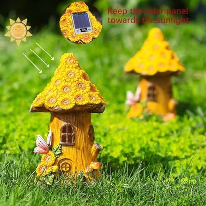 Fairy Garden Statues,Fairy Garden House with Solar Powerd Night Light,Yard Decorations Outdoor Fairy Garden Accessories Decor for Outside (Flower-Mushroom)