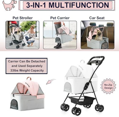 Pet Stroller with Detachable Carrier for Small Dogs&Cats, Pink Gray