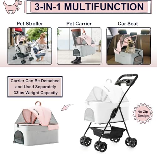 Pet Stroller with Detachable Carrier for Small Dogs&Cats, Pink Gray