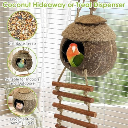 Tfwadmx Coconut Bird Nest Hut with Ladder Natural Coconut Fiber Shell Hanging Coco Birds House Parrot Cage Decor for Parrot Parakeet Lovebird Finch Canary