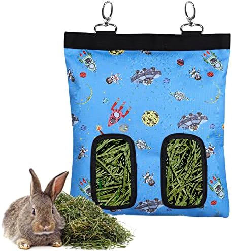 Rabbit Hay Feeder Bag Hanging Hay Rack (Pattern Blue, 2 Windows)