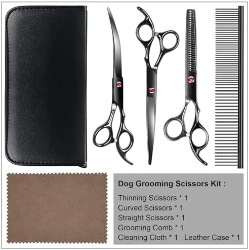 TINMARDA Dog Grooming Kit, Titanium Black Stainless Steel Dog Grooming Scissors with Curved Shears, Black Finger Rings - 4 Piece Sharp Durable Pet Shears for Dogs Cats At Home Salon-Quality Grooming