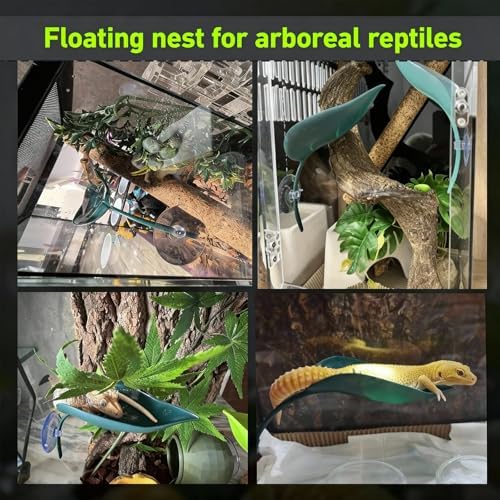 5pcs Crested Gecko Tank Accessories, Wall Climbing Gecko,3pcs Grass Green Leaf Decorations and 2pcs Purple Feeding Spoons,Gecko Tank Accessories for Reptile Terrariums