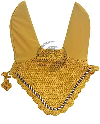 Horse Ear Bonnet Fly Veil Crochet Equestrian with Piping 30 Color Full/COB/Pony (Large/Full, Mango/Mustard)
