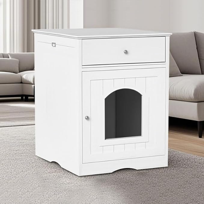 Large Wood House for Cats Litter Box Enclosure Furniture Hidde Out Box with Cabinet Drawer Indoor Pet House Side Table Wooden Crate (White)
