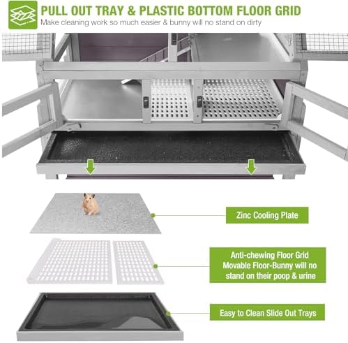 GUTINNEEN Rabbit Hutch Indoor Guinea Pig Cage on Wheels, Outdoor Bunny House Hamster Cage with Urine-Proof Plastic Floor, Cool Zinc Mat, Removable Legs and Storage Shelf