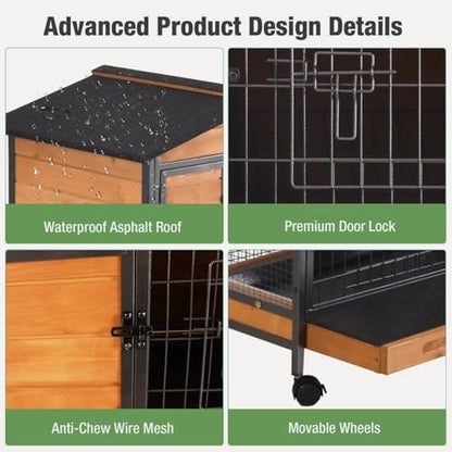 Indoor Rabbit Hutch with Metal Frame & Pull-Out Tray - Spacious Cage with Exercise Run Area for Rabbits (Orange, L)