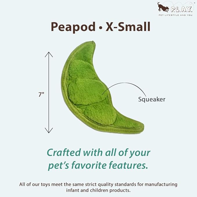 P.L.A.Y. Cute Plush Dog Toys - Fruit & Vegetable Themed Durable Squeaker Chew Toy, Great for Puppies & Small, Medium, Large Dogs - Machine Washable, Recycled Materials (Garden Fresh Peapod, X-Small)