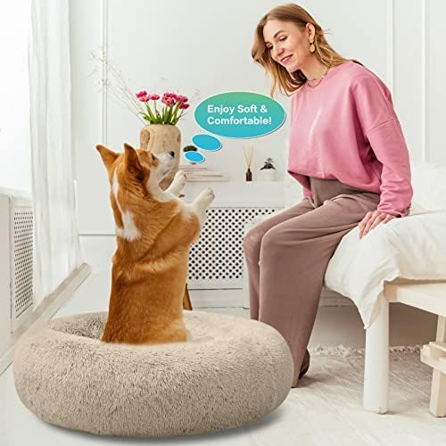 SAVFOX 23 inches Calming Donut Dog Bed - 3X Durable Plush Faux Fur, Machine Washable & Non-Slip, Fits up to 25 lbs, Beige