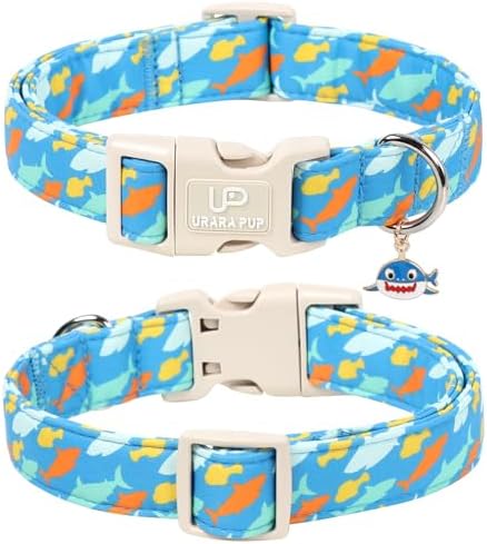Shark Dog Collar, Summer Cotton Blue Adjustable Pet Collar for Male Dogs, Cute Ocean Pattern Soft Comfortable Durable Buckle with Charm for Boy Dogs