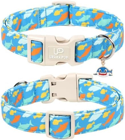 Shark Dog Collar, Summer Cotton Blue Adjustable Pet Collar for Male Dogs, Cute Ocean Pattern Soft Comfortable Durable Buckle with Charm for Boy Dogs
