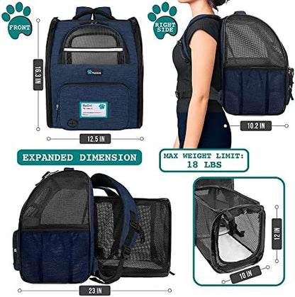 PetAmi Expandable Dog Backpack Carrier for Cats & Pets, Breathable Cat Carrier Backpack with Top Window & Multi-Entry, Ventilated Foldable Travel Carrier for Small Medium Pets up to 18 lbs, Navy