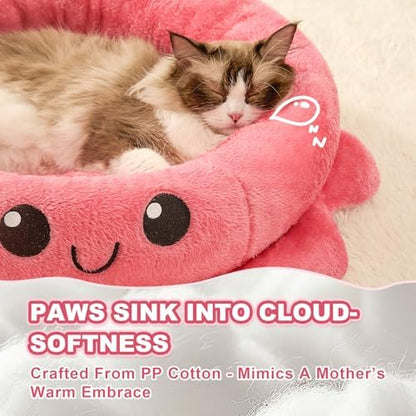 Jiupety Cute Calming Dog Beds Clearance for Medium Small Dogs, Anxiety Bolster Dog Bed with Octopus Shape, Pink, Red, Boho, Round Pet Bed Cat with Removable Cushion
