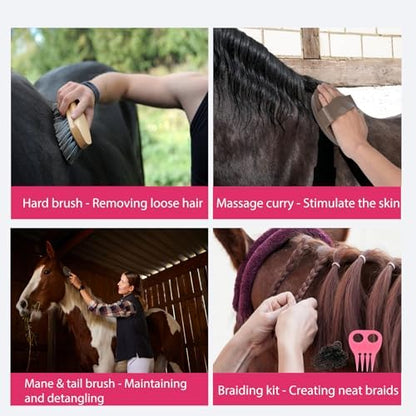 Horse Grooming Kit 13 Piece, Horse Brushes for Grooming Supplies with Tote Bag, Horses Tack Brush Set for Effective Grooming and Cleaning, Gift for Horse Riders Beginners (Pink)