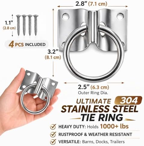 Horse Cross Tie Ring, 2 Pack Heavy Duty Block Tie Ring with Screws, Wall Mount Hitching Ring for Horse Stall, Barn, Stable, Hay Net, Bucket and Livestock Tie Down