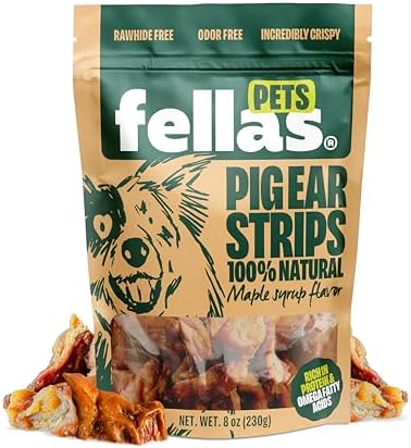 Pig Ear Strips Dog Treats, Breathtaking Maple Syrup Flavor, 100% Natural, Fully Digestible, Rich in Protein & Omega Fatty Acids, Rawhide Free, Odor Free, Incredibly Crispy. (8 Oz)