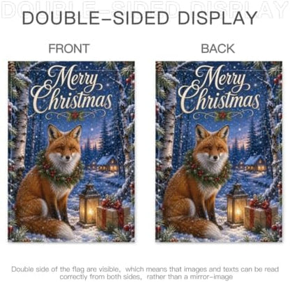 Merry Christmas House Flag 28x40 Inch Red Fox Pine Wreath Lantern Gift Snowy Birch Forest Rustic Winter Outdoor Yard Lawn Front Porch Welcome Double Sided Banner Decor
