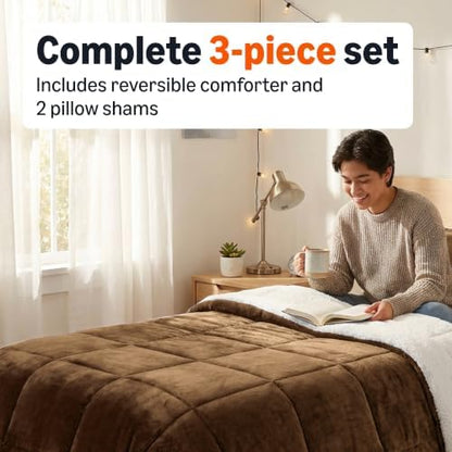 Amazon Basics Reversible Sherpa Comforter Set with Pillow Sham, Brown/White, King Size, Warm, Machine Washable