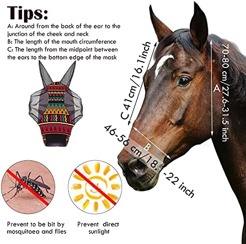 Weewooday 2 Pieces Horse Fly Masks for Horses Soft Fly Masks for Ears Smooth and Elasticity Mask with UV Protection(Tribal Grid Patterns,M)