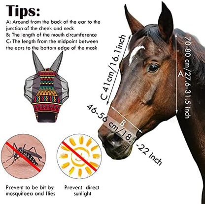 Weewooday 2 Pieces Horse Fly Masks for Horses Soft Fly Masks for Ears Smooth and Elasticity Mask with UV Protection(Tribal Grid Patterns,M)