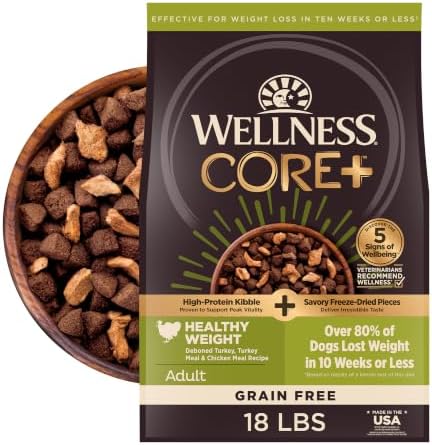 Wellness CORE+ Healthy Weight Adult Dry Dog Food with Freeze Dried Pieces, Grain Free Kibble+, Natural, High Protein, Turkey and Chicken Recipe, 18 lb Bag