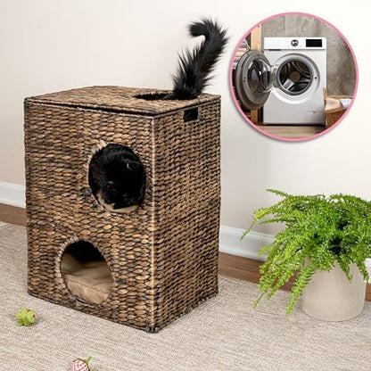 CHS1000B Jaxon 18" Modern Classic 2-Tier Handwoven Hyacinth Rectangular 5-Hole Cat Condo with 2 Machine-Washable Cushions, Brown