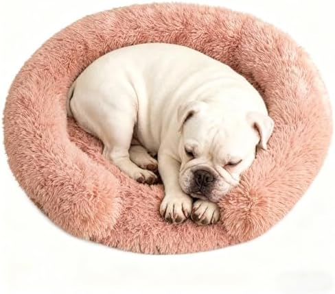 Calming Dog & Cat Beds with Orthopedic Egg-Crate Foam Raised Rim, Soft Fluffy Faux Fur Pet Bed for Small Medium Dogs, Anxiety Relief Spine Support, Machine Washable (Round, Blush Pink 23")
