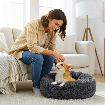 Calming Donut Dog and Cat Bed for Indoor Cats, Anti-Anxiety Round Fluffy Soft Washable Small Pet Bed for Puppy and Kitten, Warming Comfortable Luxury Anti-Slip Waterproof Mute Base 20in Dark Gray
