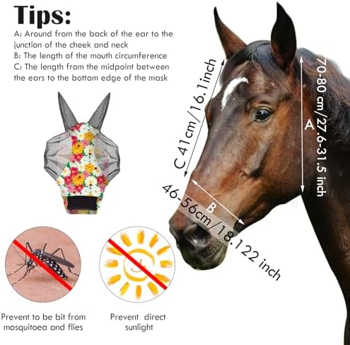 Weewooday 2 Pieces Horse Fly Masks for Horses Soft Fly Masks for Ears Smooth and Elasticity Mask with UV Protection(Flower Patterns,M)